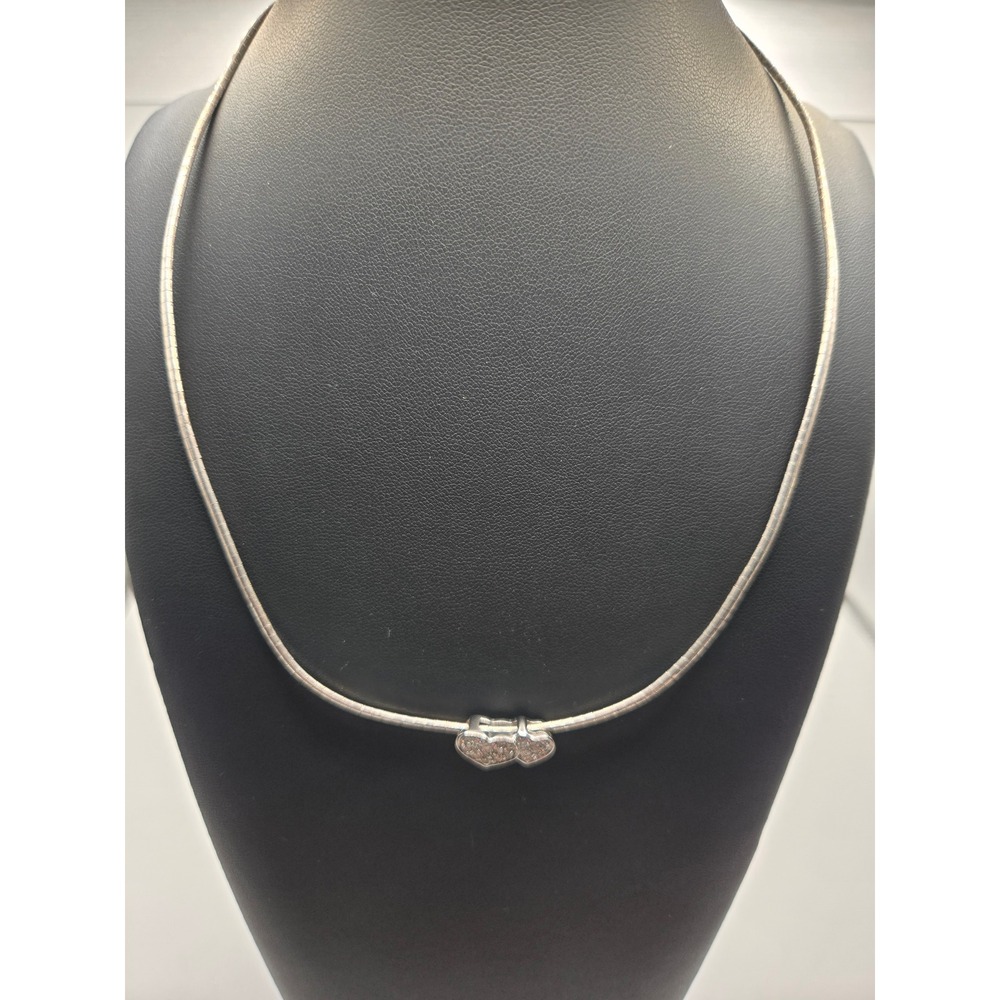 Italy 925 Sterling Silver Omega Chain Necklace Double Heart Crystal Pendant